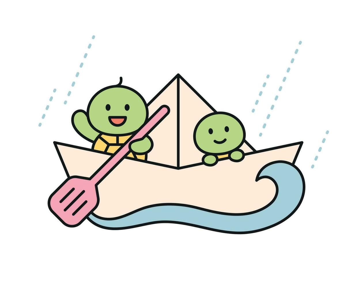 Rain day. Cute turtles are playing on a paper boat. A cute and simple illustration with a thick outline. vector