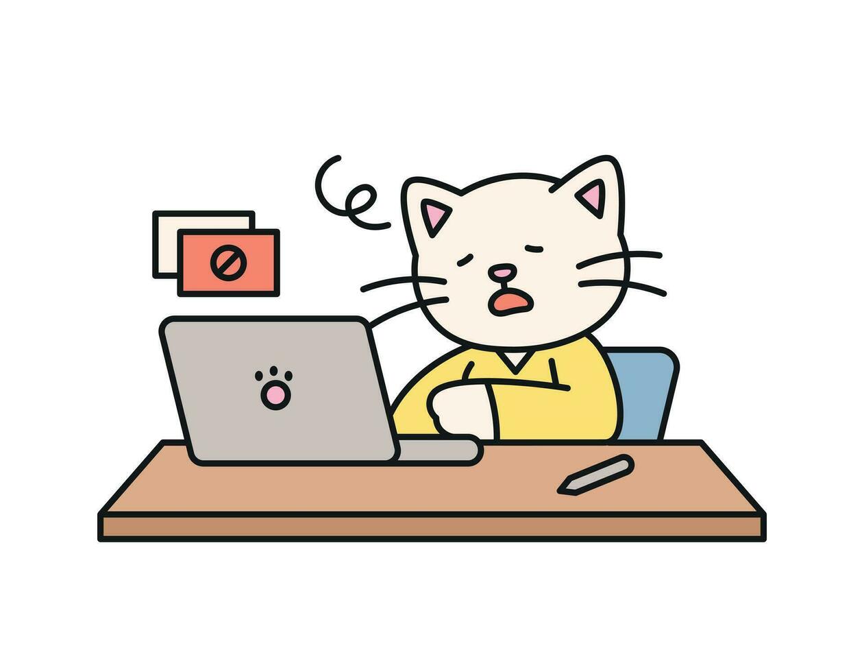 Cute cat. The office cat is sitting at the desk and working. She is tired because her computer crashed. vector