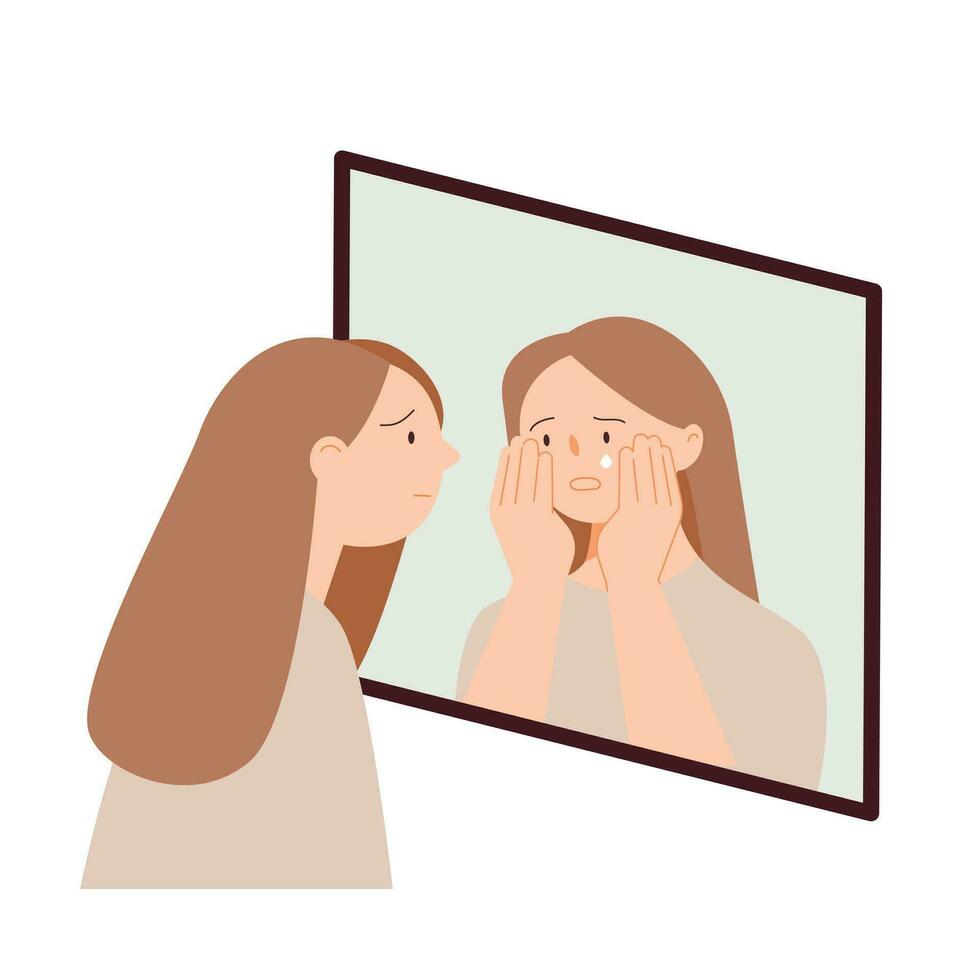 A woman is facing her inner self through a mirror. simple vector illustration.
