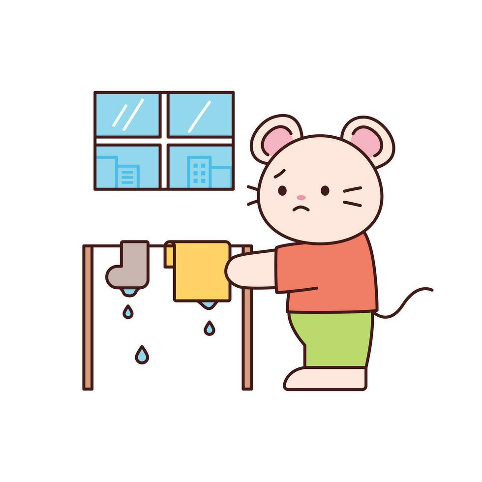 Rainy day. A mouse that is sad because the laundry is not dry. Simple flat design style illustration with outlines. vector