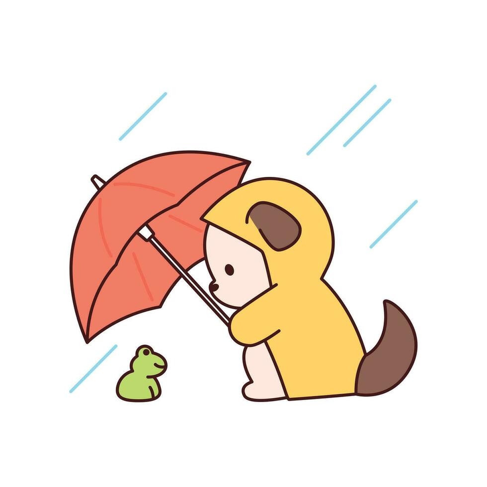 Rainy day. A cute puppy is putting an umbrella on a little frog. Simple flat design style illustration with outlines. vector
