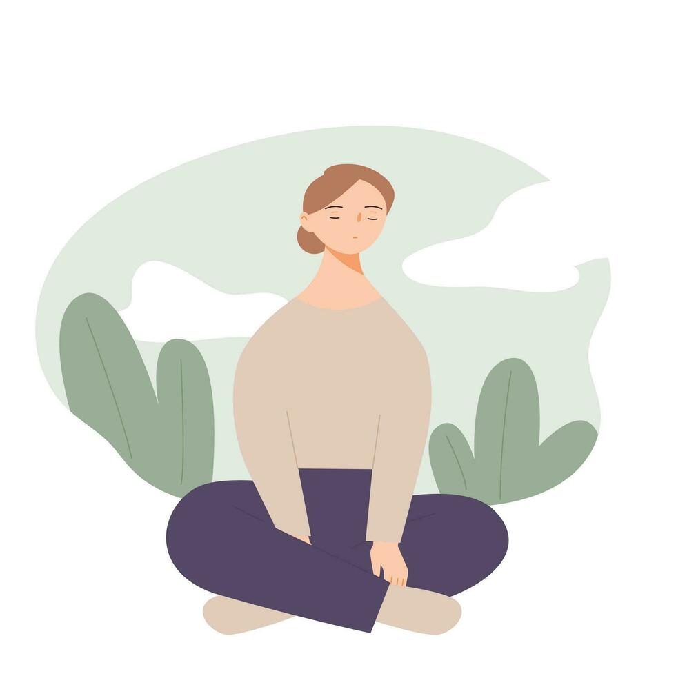 un mujer es sentado con las piernas cruzadas y meditando sencillo vector ilustración.