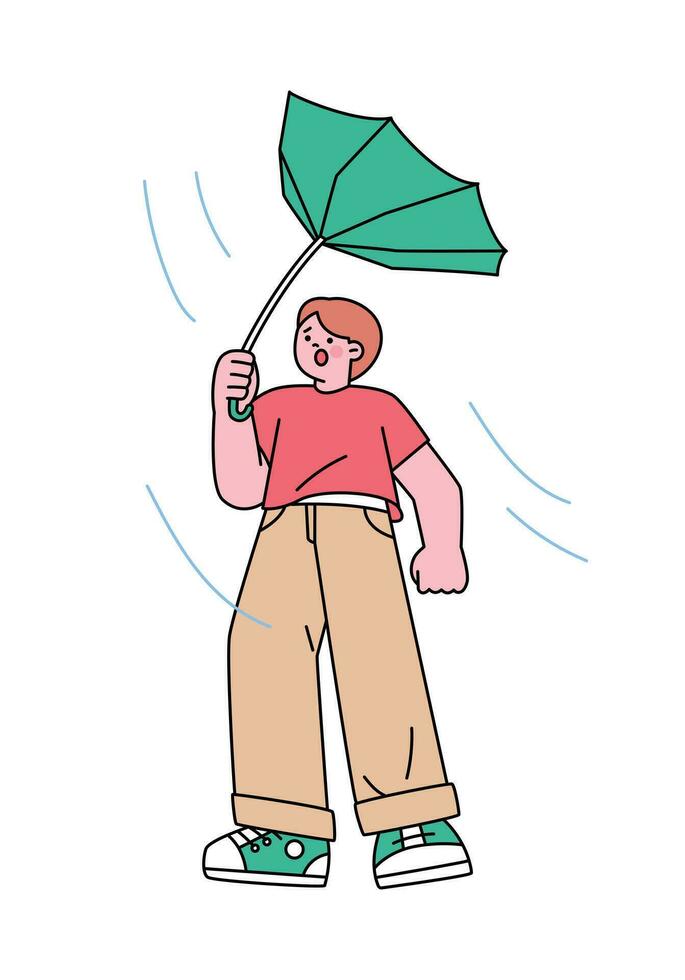 People on the street on a rainy day. An umbrella held by a man was overturned by the wind. Simple flat design style illustration with outlines. vector