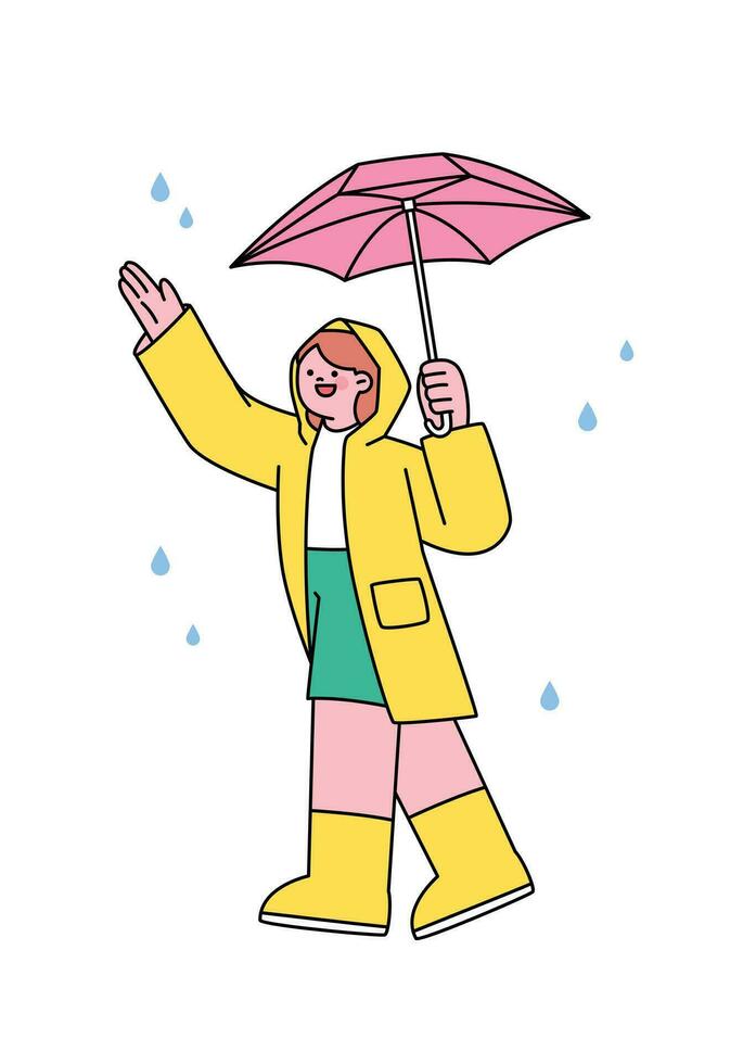 People on the street on a rainy day. A child wearing a raincoat is holding an umbrella and enjoying the rain. Simple flat design style illustration with outlines. vector