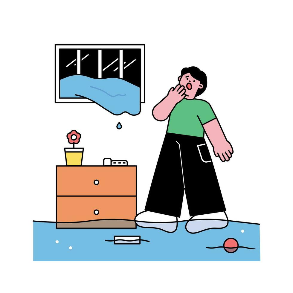 Rainy day. There is a flood and water is flooding into the house of a person who lives in an underground room. Simple flat design style illustration with outlines. vector