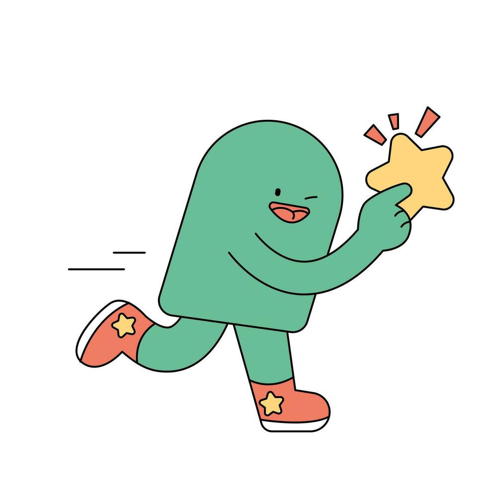 Cute shape character. A green figure is holding a star and running. vector