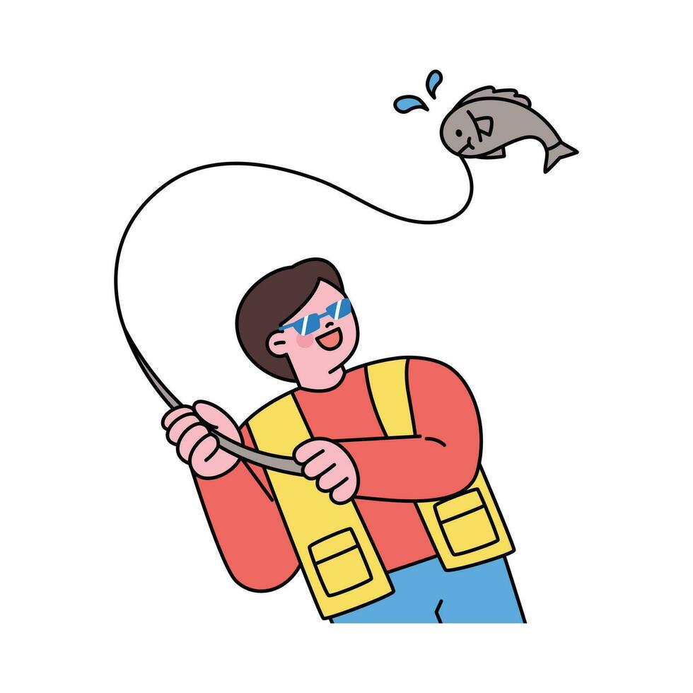 sea life illustration. A fish is hanging while a fisherman is pulling a fishing pole. vector