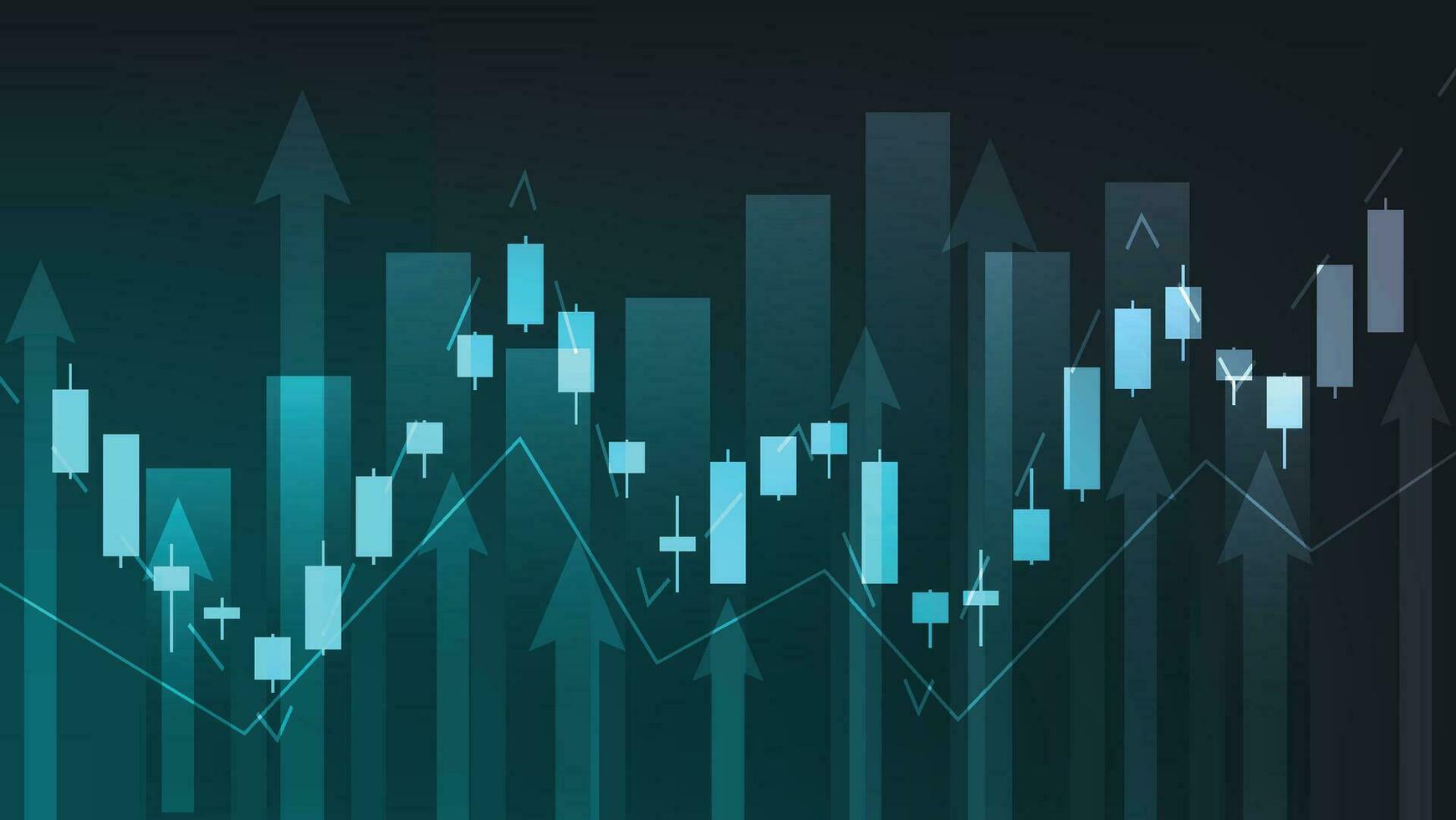 economy and finance. candlesticks with bar chart and uptrend arrow on dark green background vector