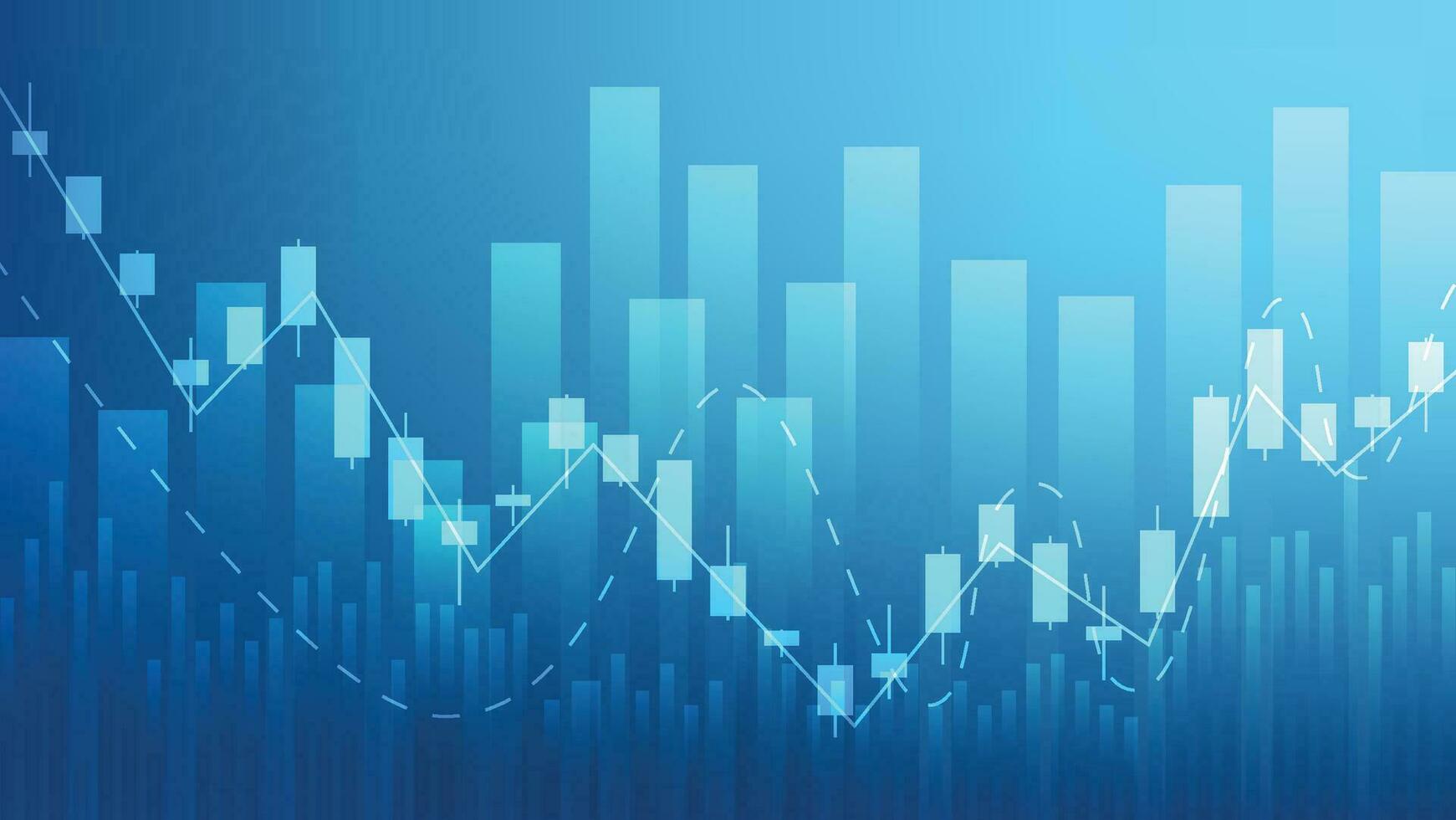 concepto de situación económica. las estadísticas de negocios financieros con gráfico de barras y gráfico de velas muestran el precio del mercado de valores y el cambio de divisas en un fondo verde oscuro vector