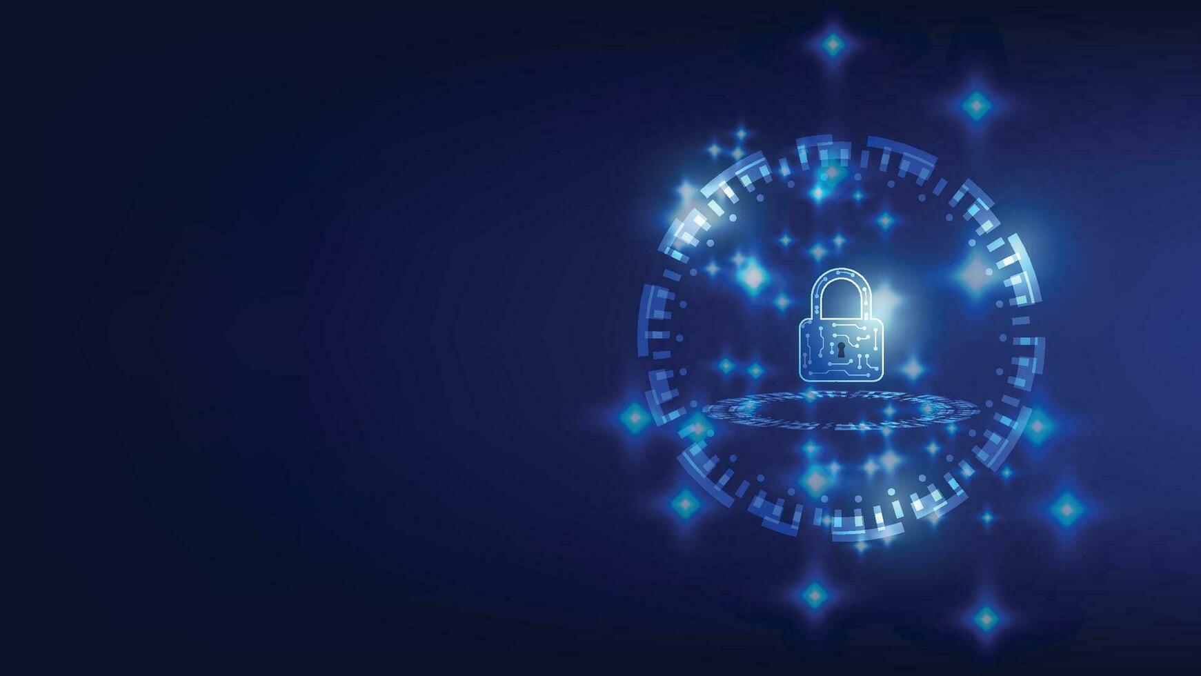 digital padlock with virtual screen on dark background with copy space. cyber security technology for fraud prevention and privacy data network protection concept vector
