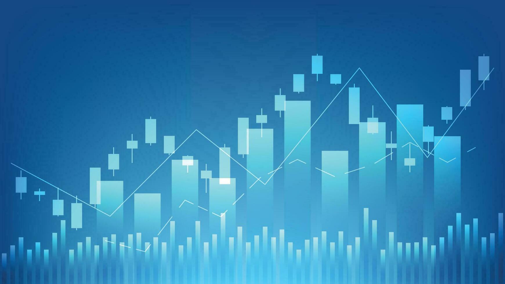 concepto de situación económica. las estadísticas de negocios financieros con gráfico de barras y gráfico de velas muestran el precio del mercado de valores y el cambio de divisas en un fondo verde oscuro vector