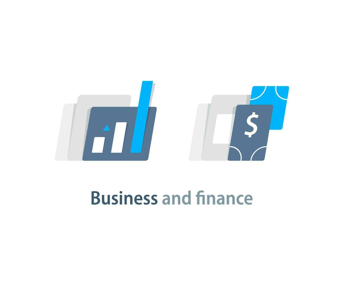 Investment fund performance report, interest rate graph, trade revenue boost, venture business growth strategy vector