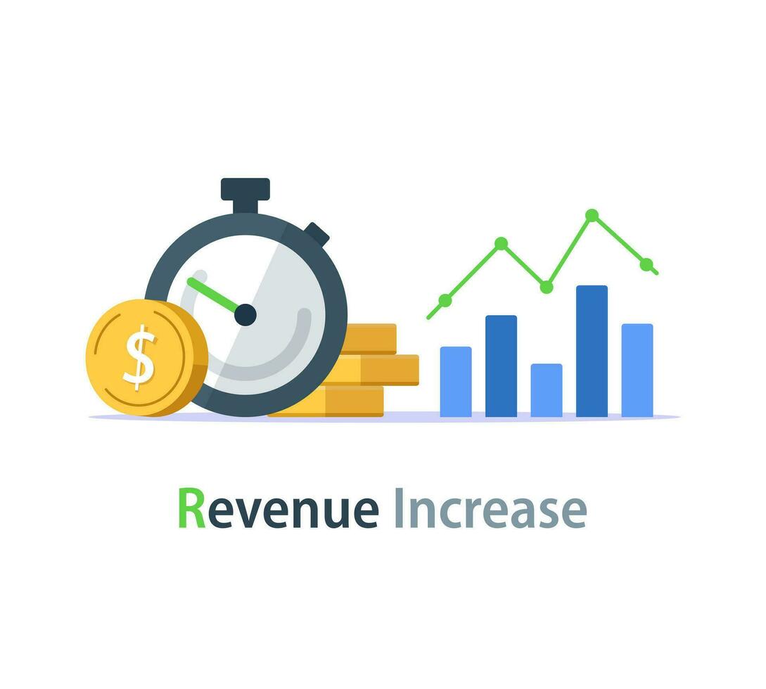 Time is money concept,revenue increase chart, business growth, return on investment,stopwatch and portfolio performance graph vector