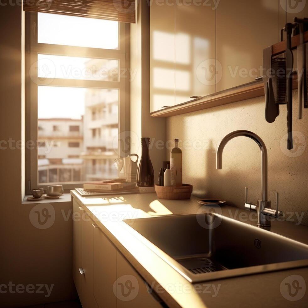 valores foto de un pequeño lavabo cocina pequeño Departamento fotografía generativo ai