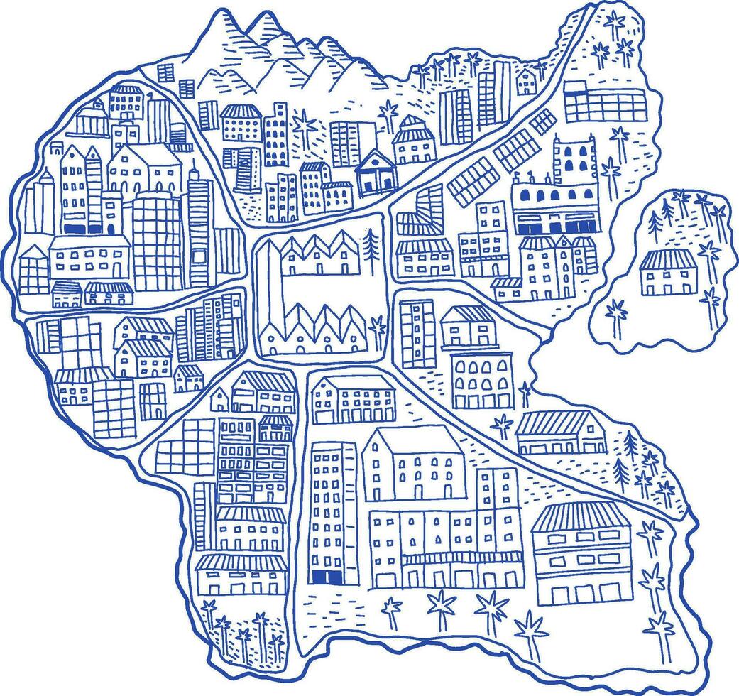 isla pueblo fantasía mapa mano dibujado vector