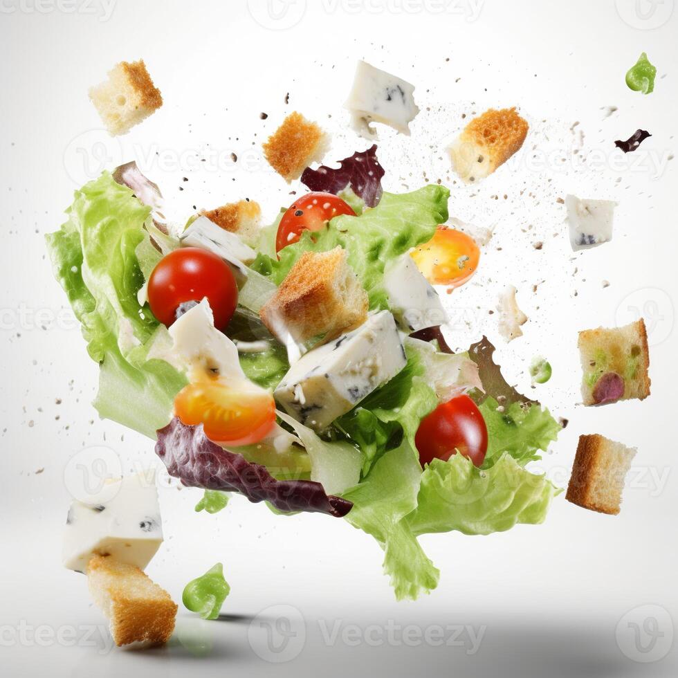 stock photo of salad flying through the air with cheese and lettuce food photography