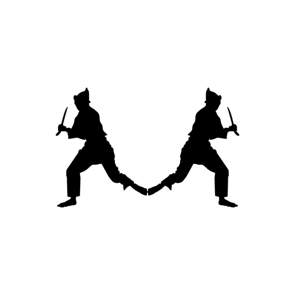 silueta de pencak silat' atleta en acción utilizar machete como un arma, pencak silat es marcial Arte desde Indonesia. vector ilustración