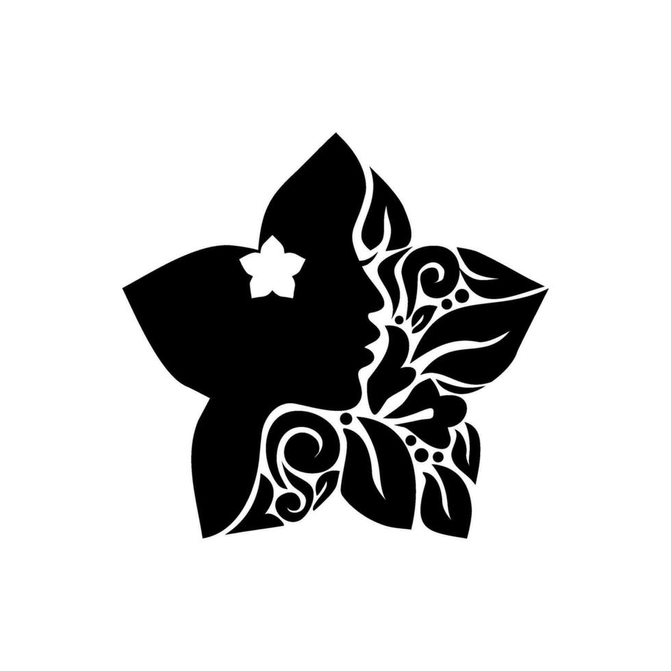Ornamental Leaf, Flower, and Woman Face in the Flower-Shaped Illustration for Logo Type, Art Illustration or Graphic Design Element. Vector Illustration