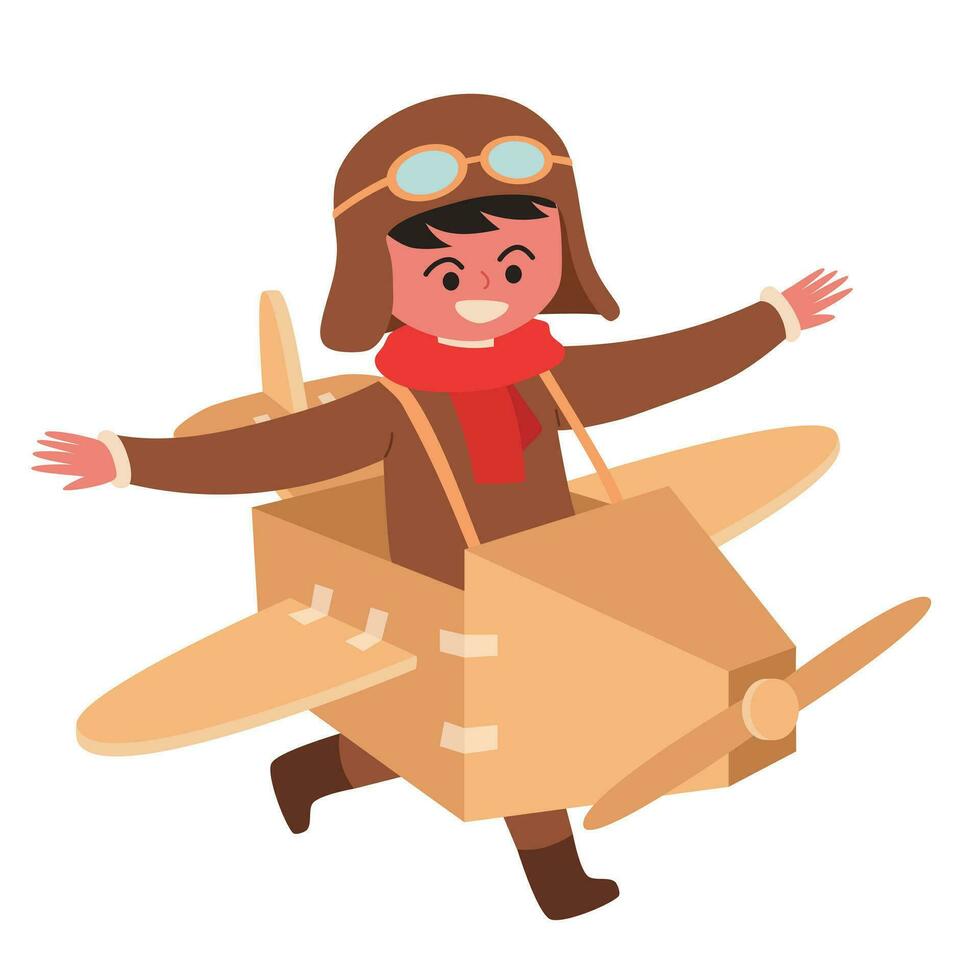 Boy playing with cardboard airplane cartoon vector