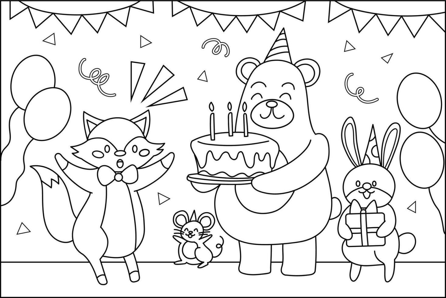 animal cumpleaños fiesta colorante página vector