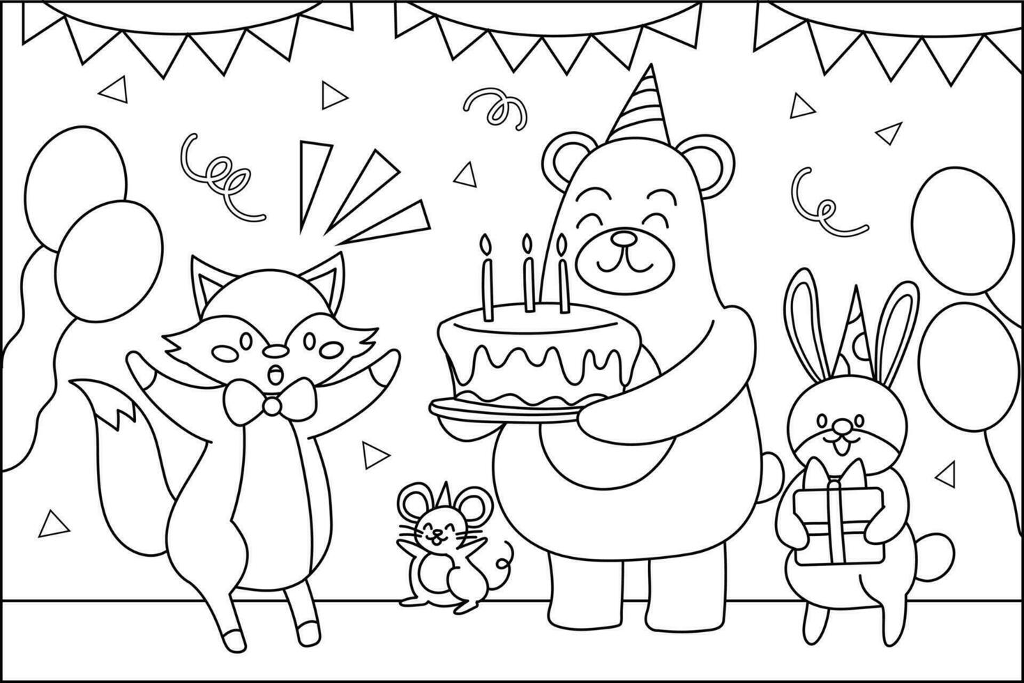 Animal birthday party coloring page vector 25345308 Vector Art at Vecteezy