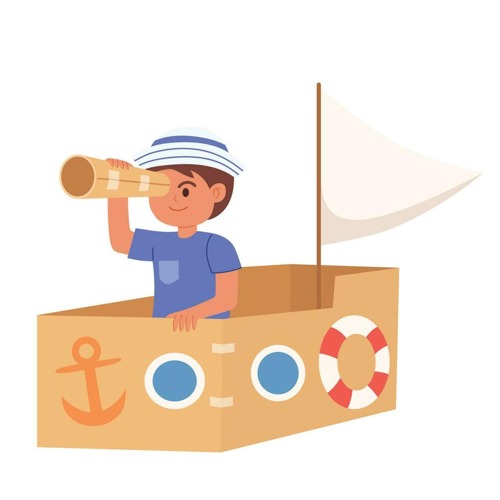 Kid playing with cardboard boat cartoon vector