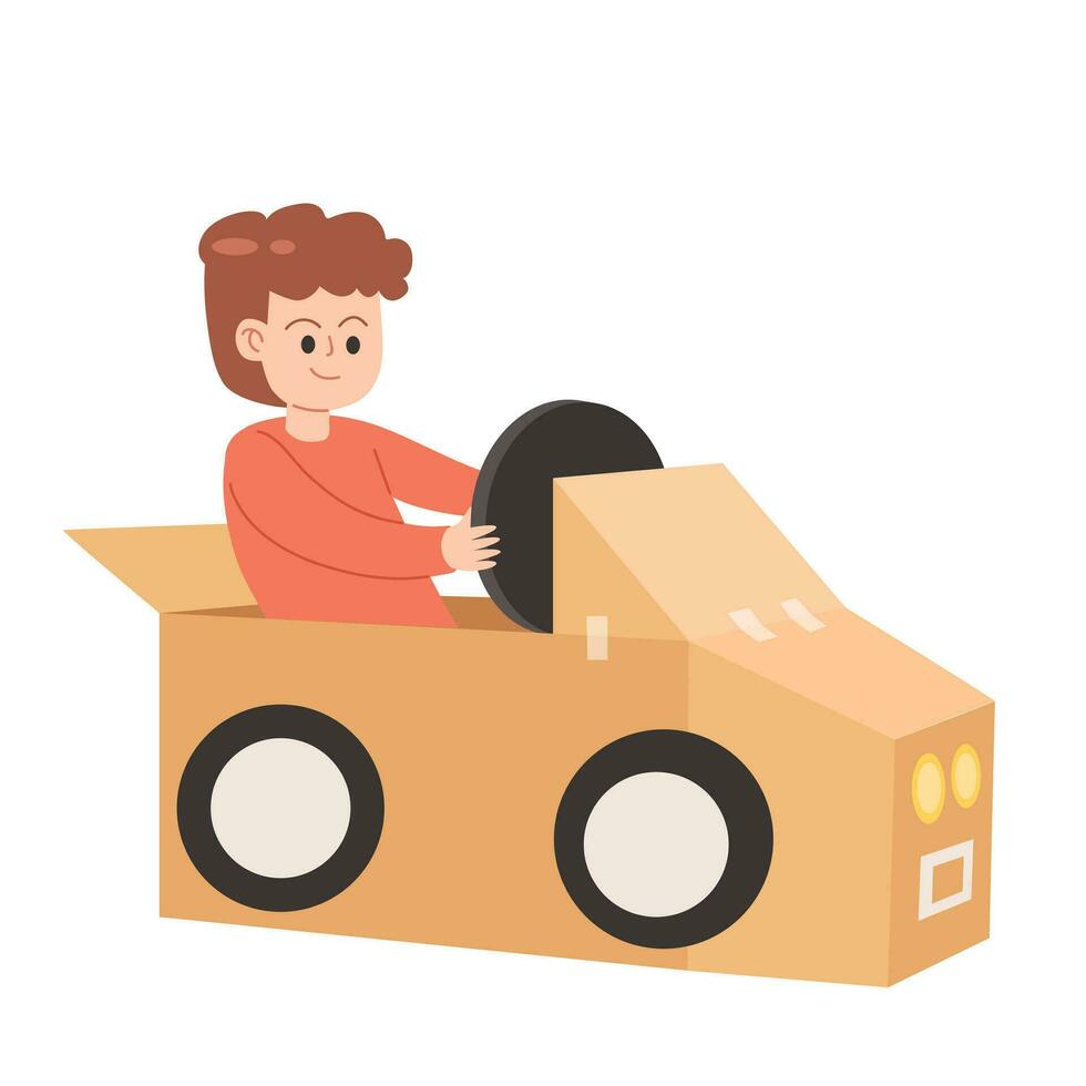 Boy playing with cardboard car cartoon vector