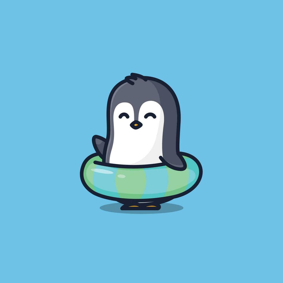 Cute penguin with swimming tires cartoon illustration isolated nature vector