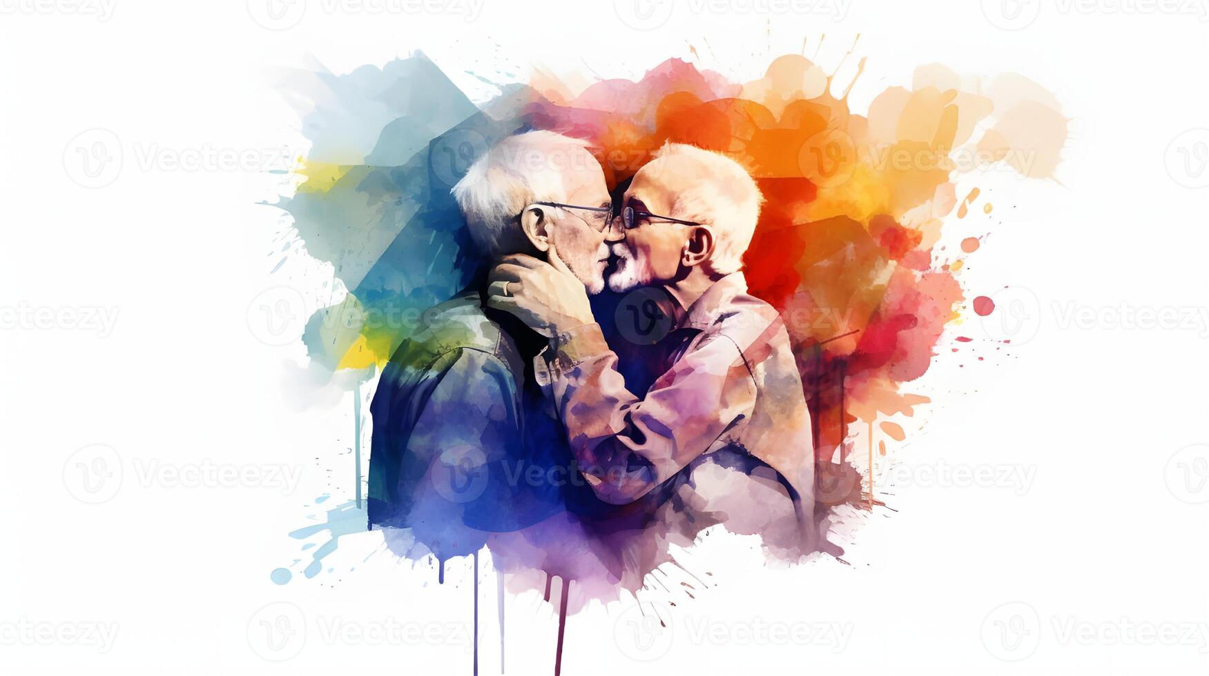 Eldery gay couple kissing wallpaper, young handscome men, watercolor painting, photo