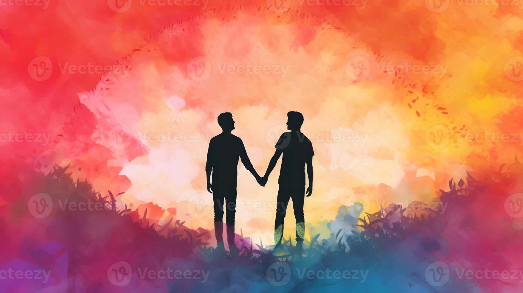 Gay couple holding hands wallpaper, young handscome men, black silhouette, abstract watercolor painting, photo