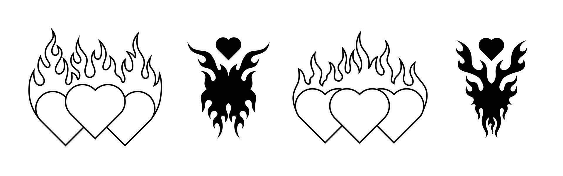 Set of heart shape with fire symbol. hand drawn tattoo element vector