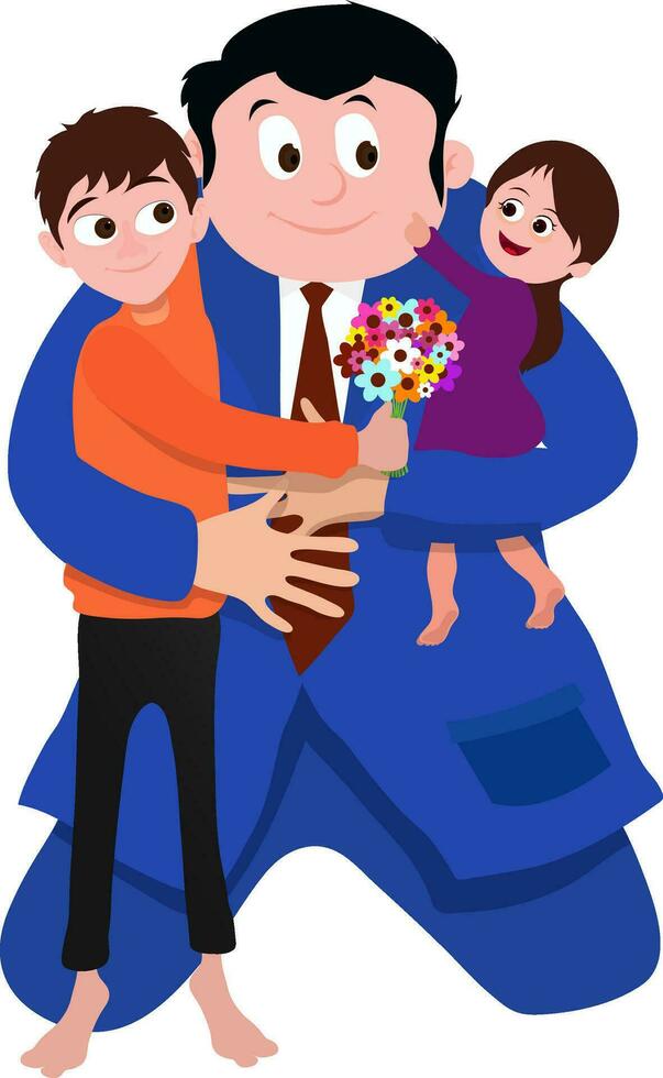 Character of father with cute little kids. vector