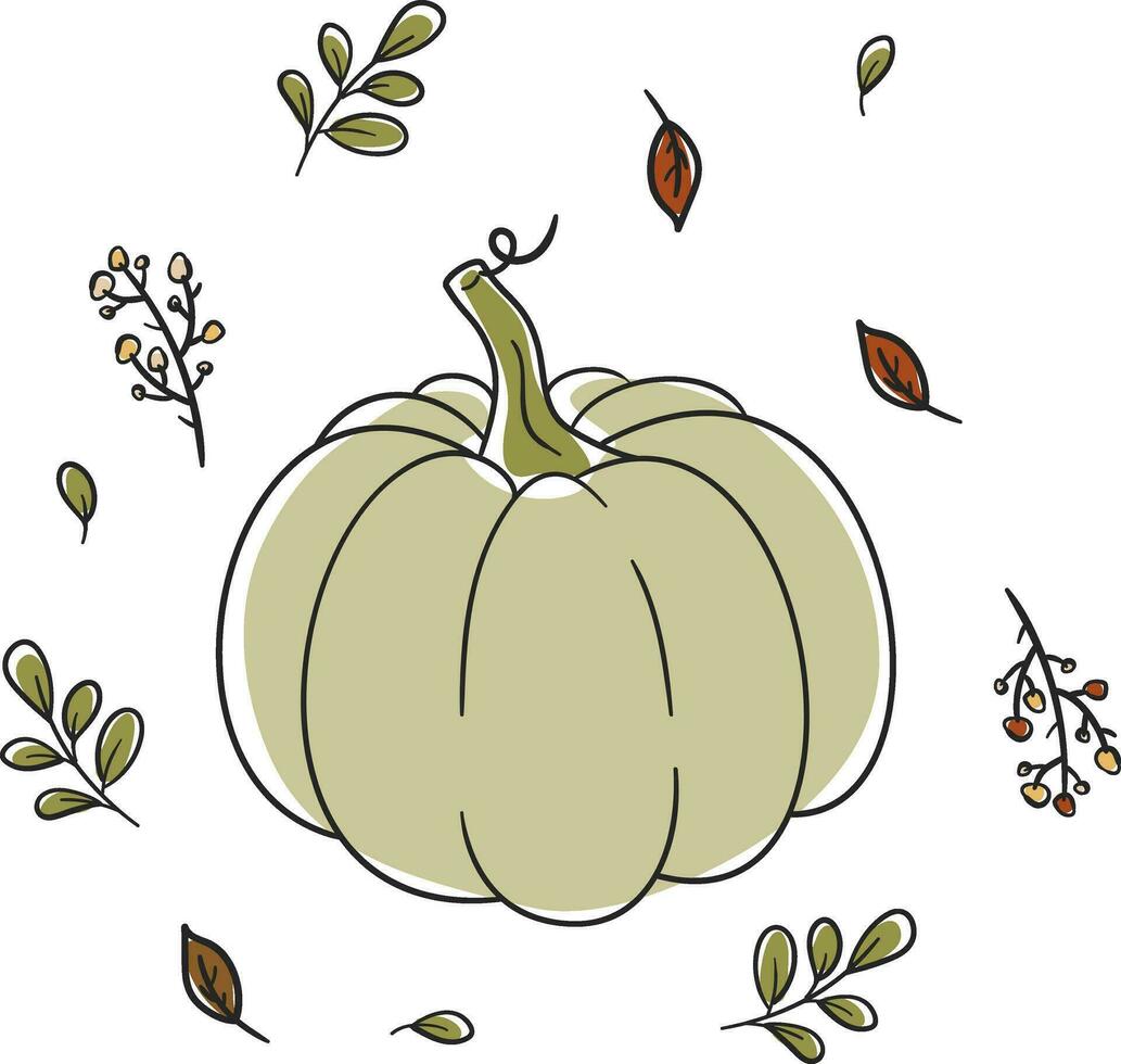 A cute pastel green pumpkin and plant sprigs doodle style vector