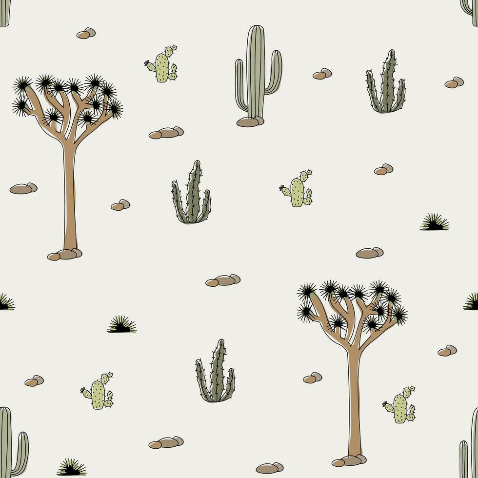 seamless pattern with tree, stones and different types of desert cacti vector