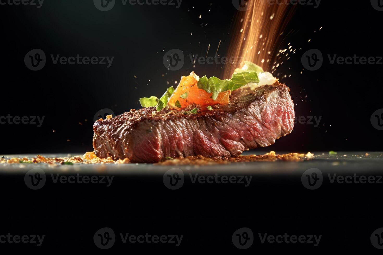stock photo of wagyu beef steak Roast flying through the air Editorial food photography