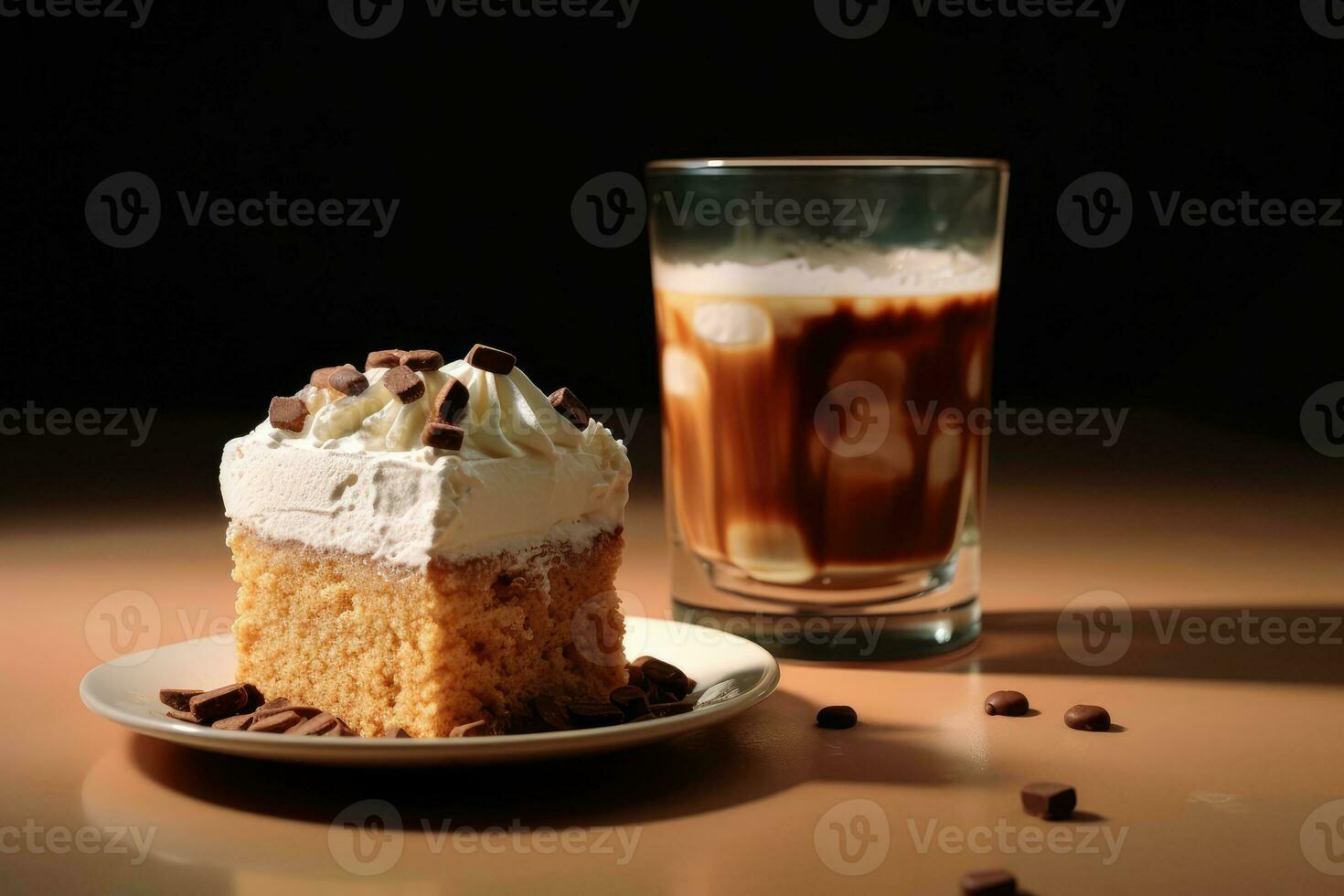 iced coffee with a slice cake Profesional advertising Food Photography AI Generated photo
