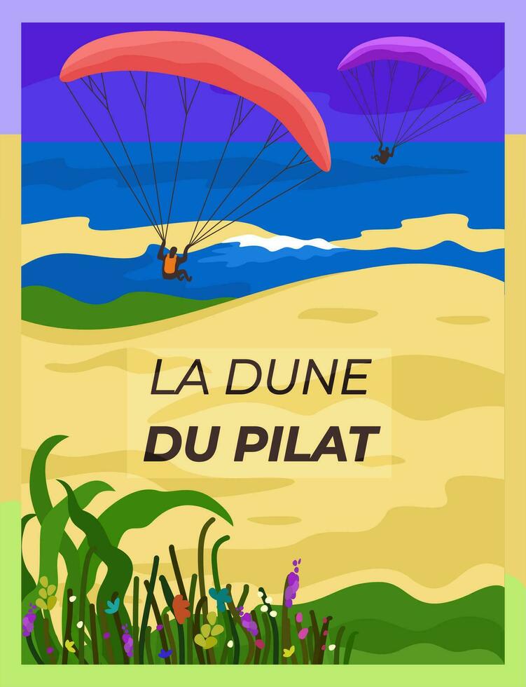 Pilat dune. Huge sand dune in France. Region Bordeaux. Paragliding concept. vector