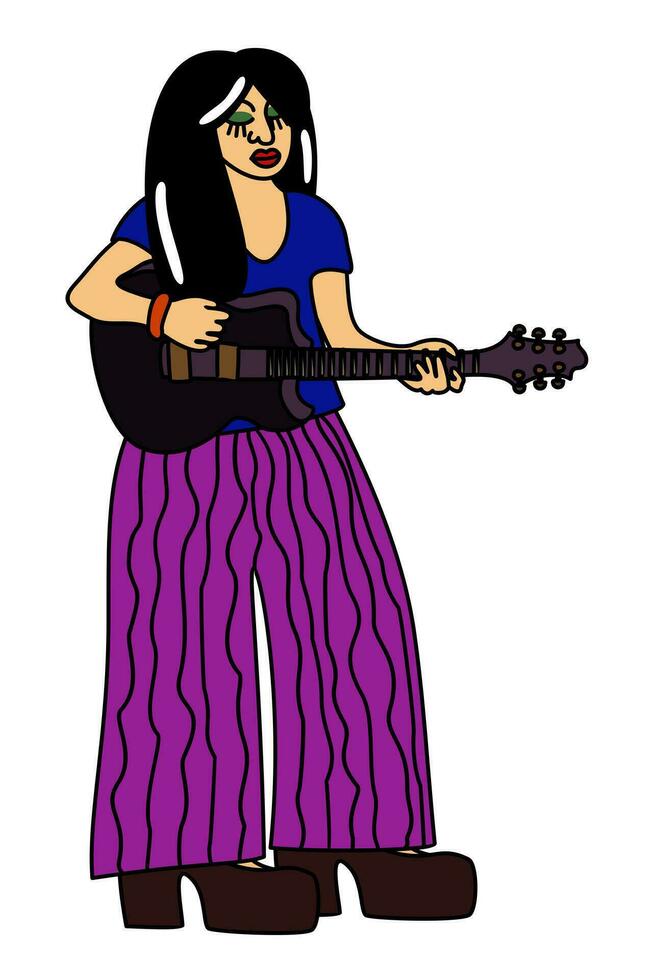 Retro girl with guitar. Vector isolated illustration.