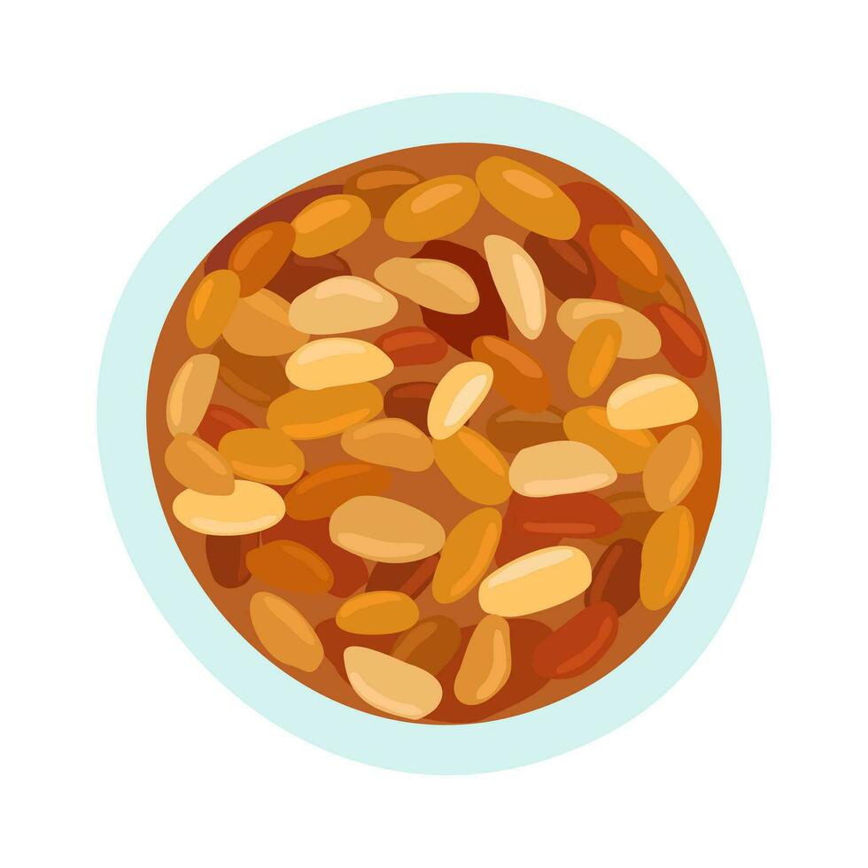 Beans on plate. Traditional breakfast. Vector isolated illustration.