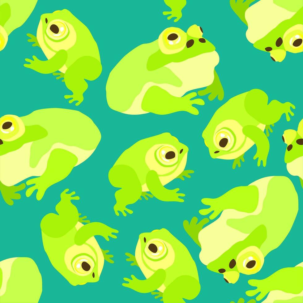 Vector seamless pattern with frogs and toads on aquamarine background.