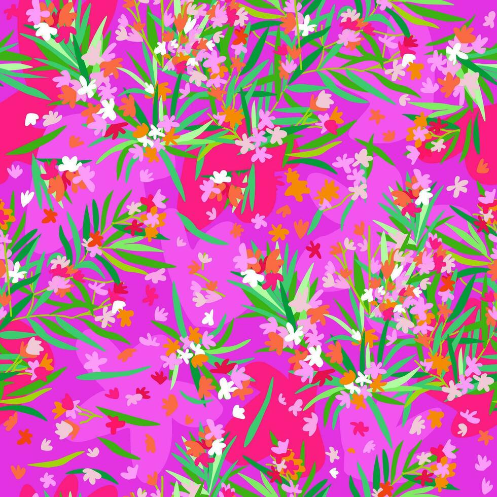 Vector seamless bright floral pattern with oleander on pink background