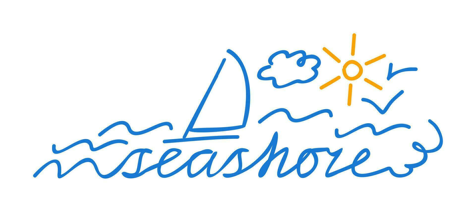 Seashore. Simple lineart illustration with lettering. vector