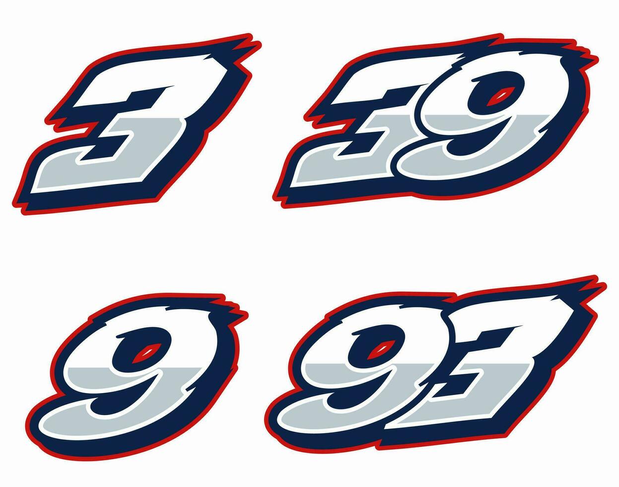 Racing Font Number Vector Thirty Nine or Ninety Three Editable