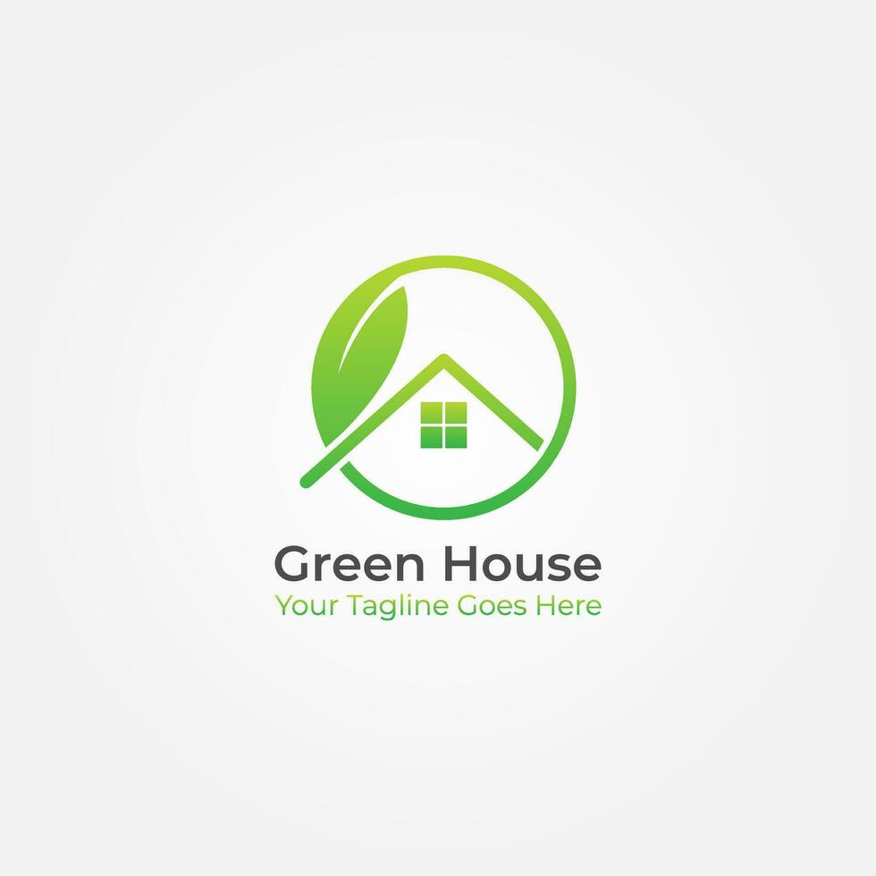 Green House Logo Vector Graphic Design with Circle Shaped Leaf Vector