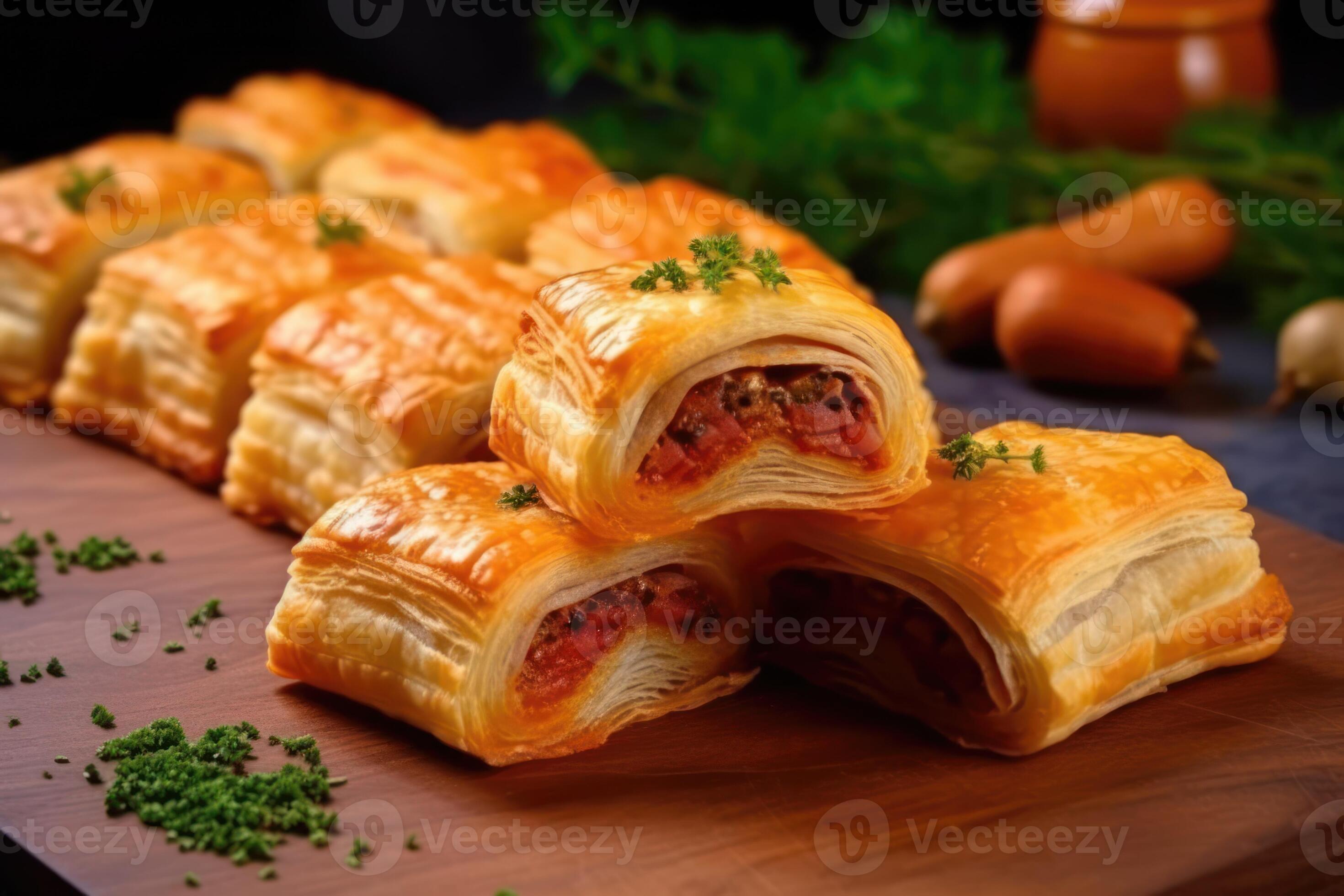 puff pastry with roll sausage parsley photography Generative AI
