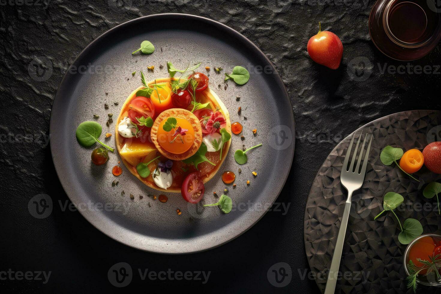 fine dining flat lay Profesional advertising Food Photography AI Generated photo