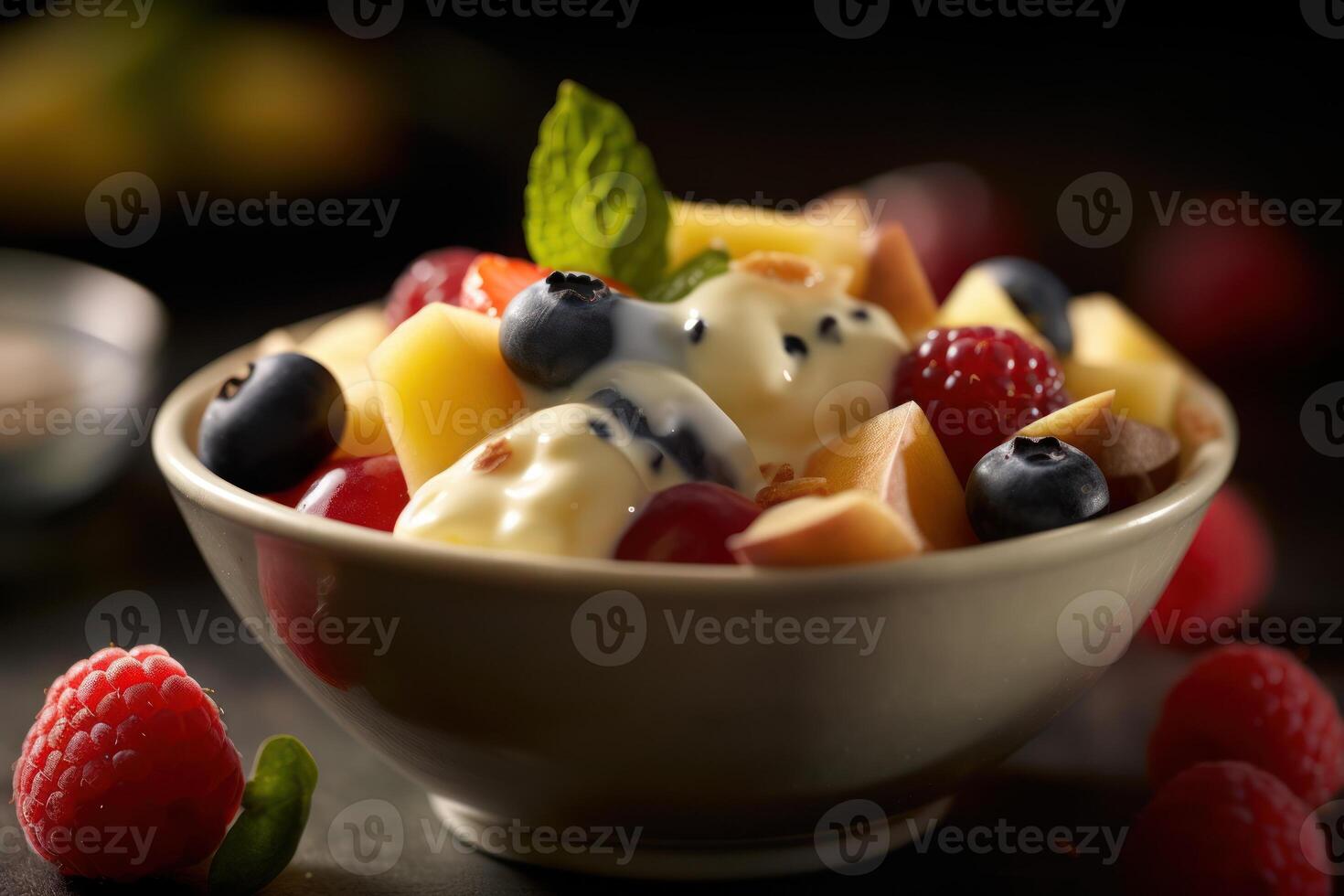 stock photo of fruit salad with cheese and mayonnaise Editorial food photography