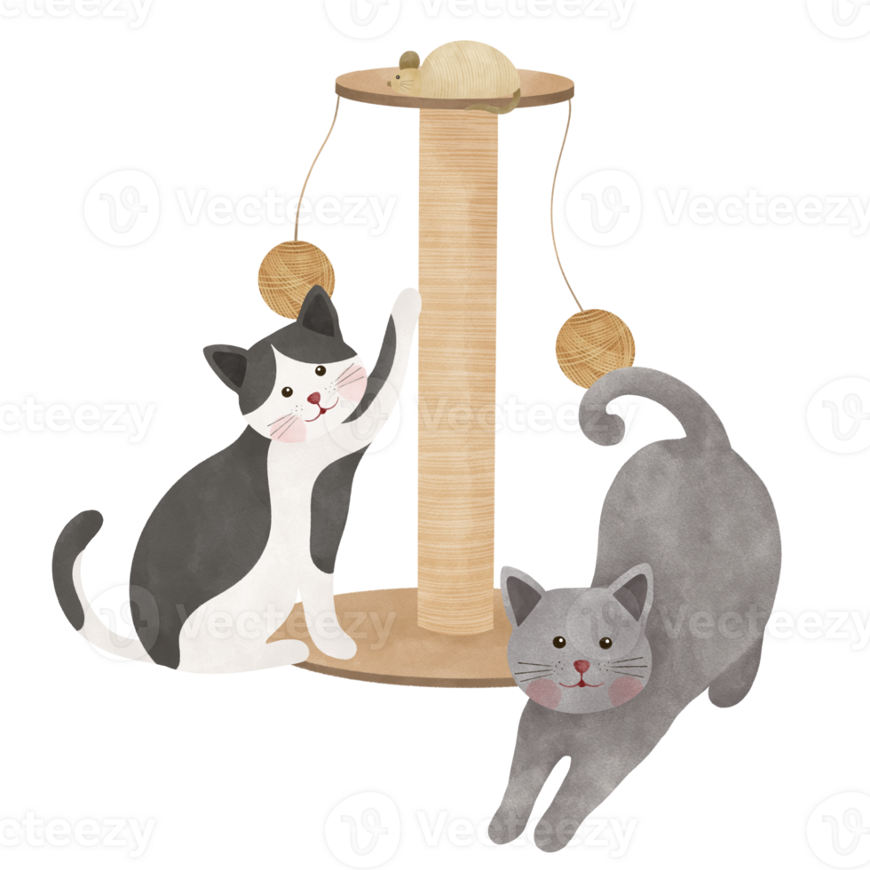 cute cat play with cats tree cartoon illustration png
