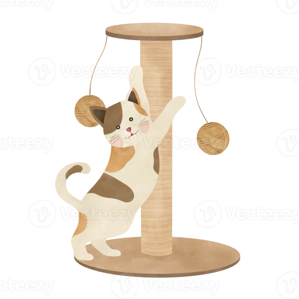 cute cat play with cats tree cartoon illustration png