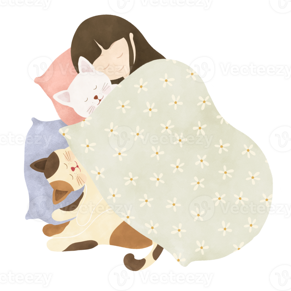 A woman sleeping with cats png